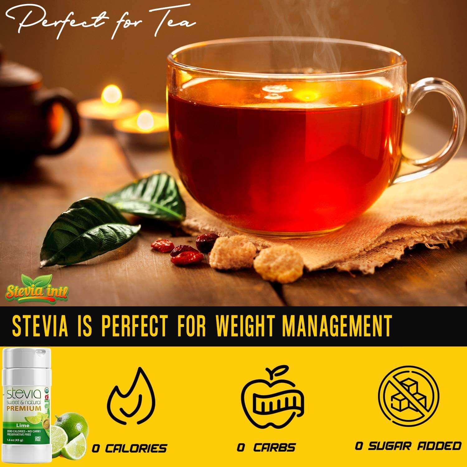 Lime Stevia Powder Shaker. Organic Stevia Sweetener. Naturally Sweet, 100% Pure Stevia, Zero Calorie, 0 Carbs, Diabetic & Keto-Friendly (1.6oz) 45g