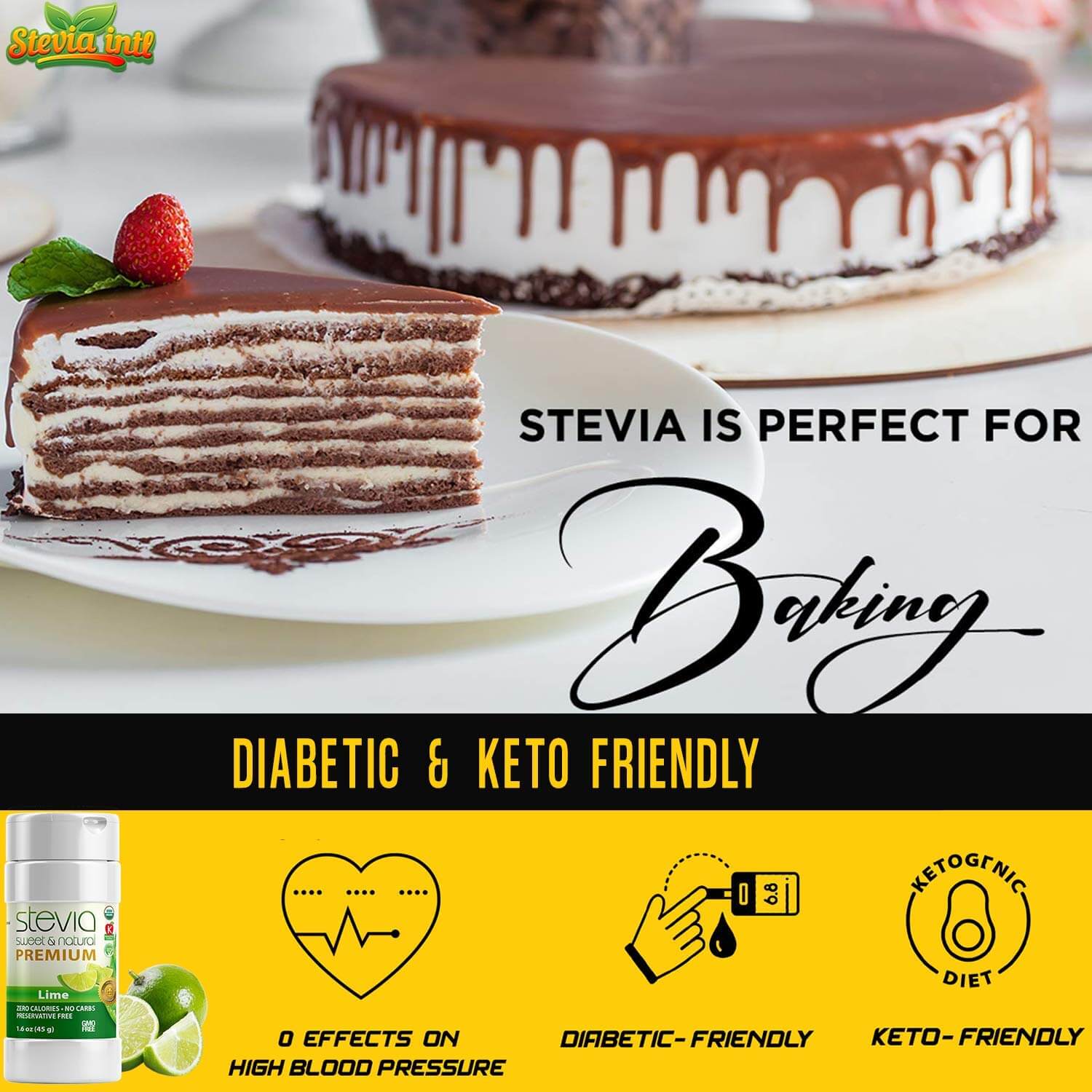 Lime Stevia Powder Shaker. Organic Stevia Sweetener. Naturally Sweet, 100% Pure Stevia, Zero Calorie, 0 Carbs, Diabetic & Keto-Friendly (1.6oz) 45g