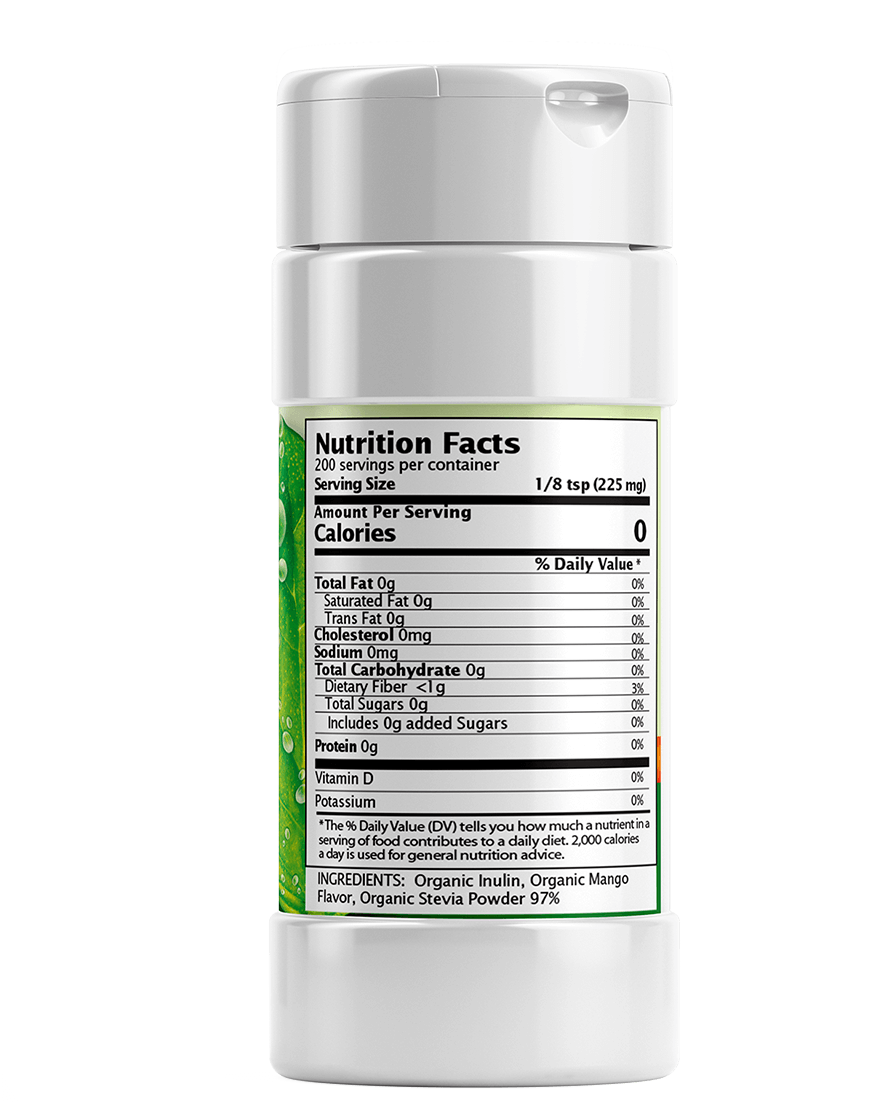 Mango Stevia Powder Shaker. Organic Stevia Sweetener. Naturally Sweet, 100% Pure Stevia, Zero Calorie, 0 Carbs, Diabetic & Keto-Friendly (1.6oz) 45g