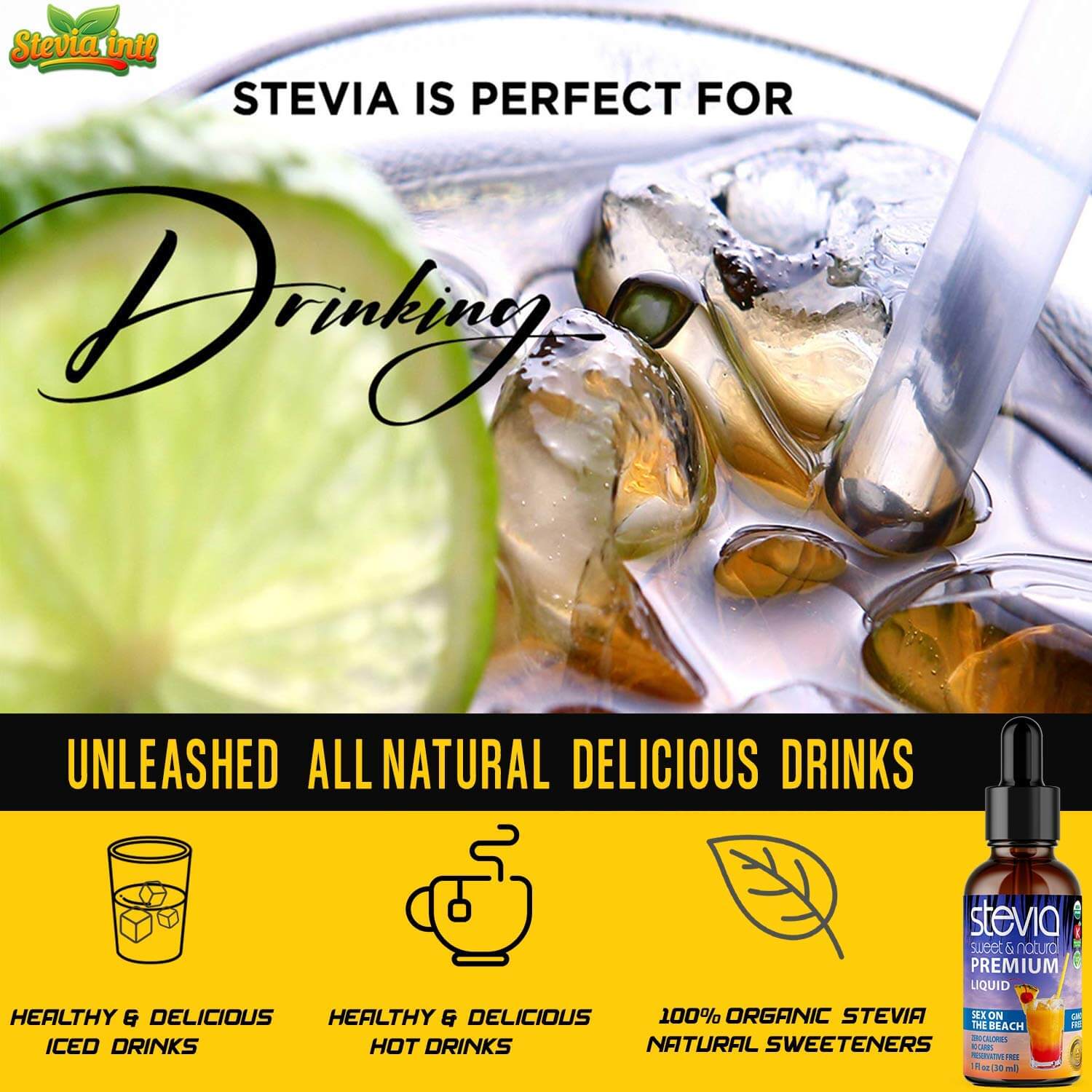 Sex On The Beach Stevia Liquid Drops. Organic Stevia. Naturally Sweet, Best Sugar Substitute, Zero Calorie, Non-GMO, Diabetic & Keto Friendly