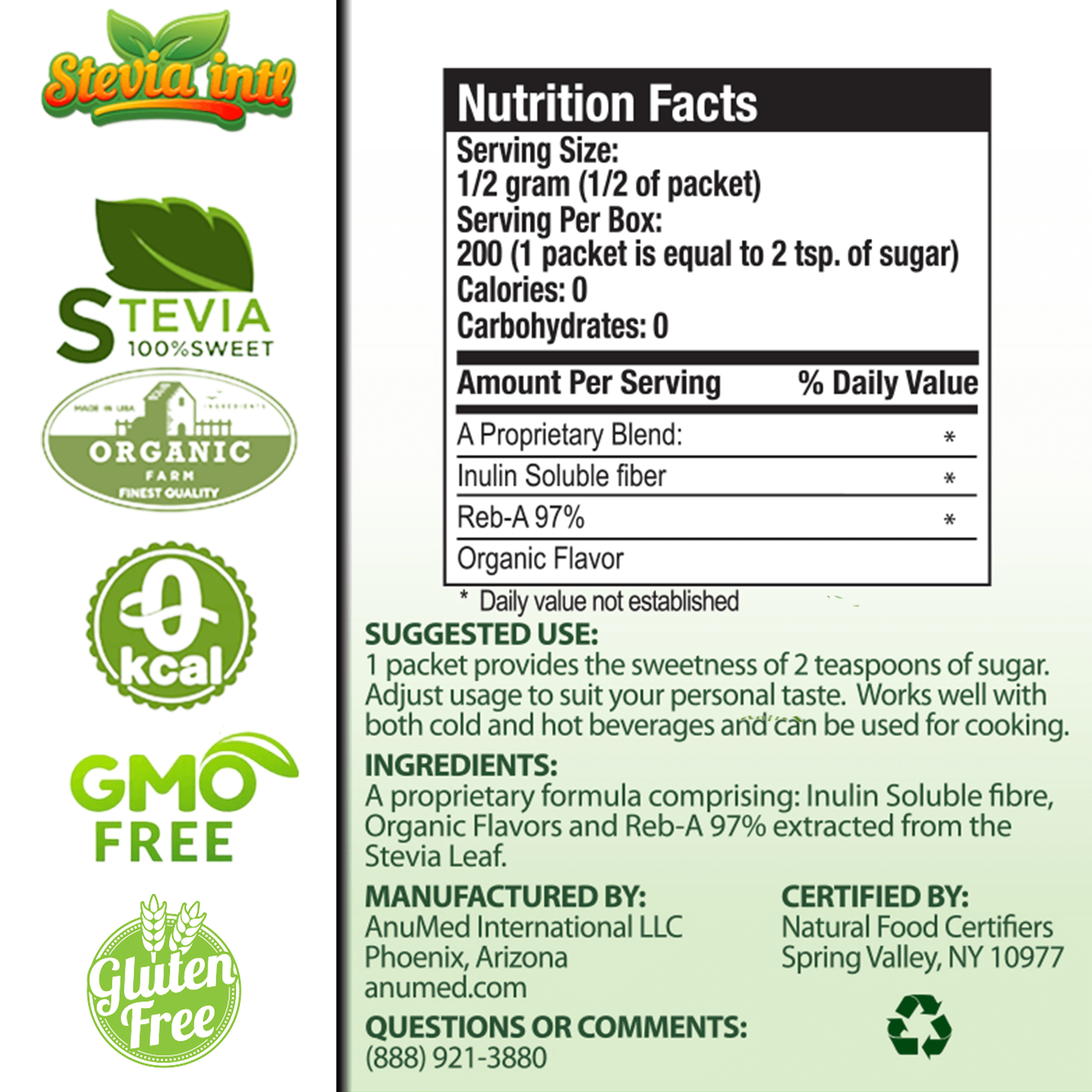 Natural Organic Stevia Packets Powder. All-Natural Stevia Sweetener, Best Sugar Substitute, 100% Pure Stevia. Zero Calories, Diabetic & Keto Friendly ( Package May Vary )