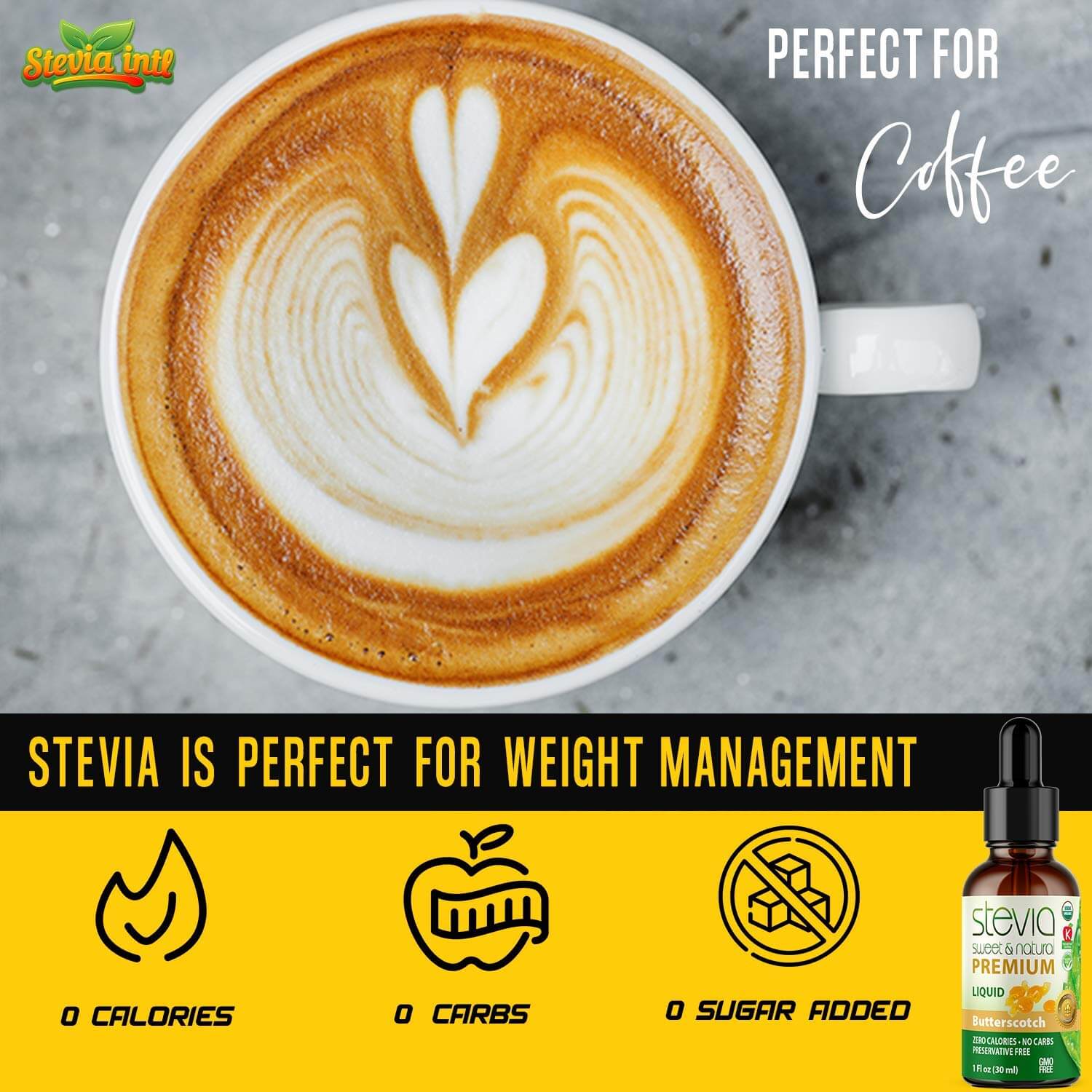 Butterscotch Stevia Liquid Drops. Organic Stevia Sweetener. Naturally Sweet, Best Sugar Substitute, Zero Calorie, Non-GMO, Diabetic & Keto Friendly