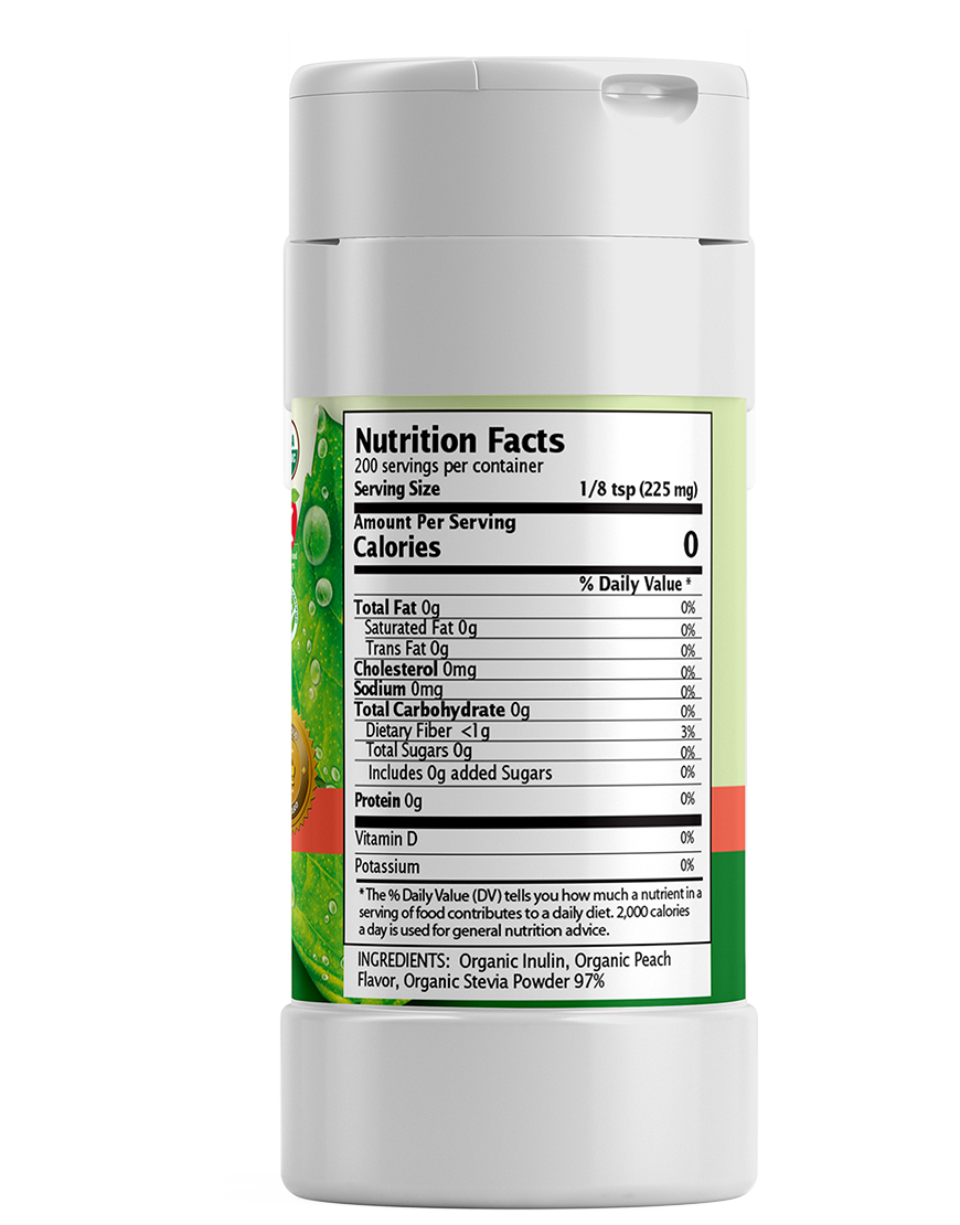 Peach Stevia Powder Shaker. Organic Stevia Sweetener. Naturally Sweet, 100% Pure Stevia, Zero Calorie, 0 Carbs, Diabetic & Keto-Friendly (1.6oz) 45g