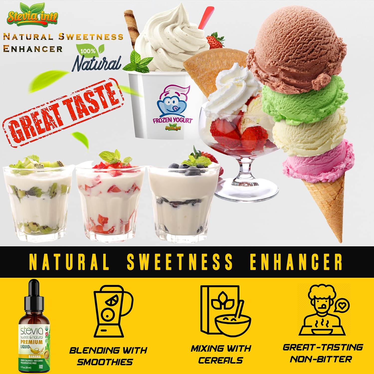 Banana Stevia Liquid Drops. Premium Quality Organic Liquid Stevia Sweetener. Best Sugar Substitute, 100% Pure Extract, All Naturally Sweet, Non Bitter, 0 Calorie, Non-GMO, Diabetic & Keto Friendly