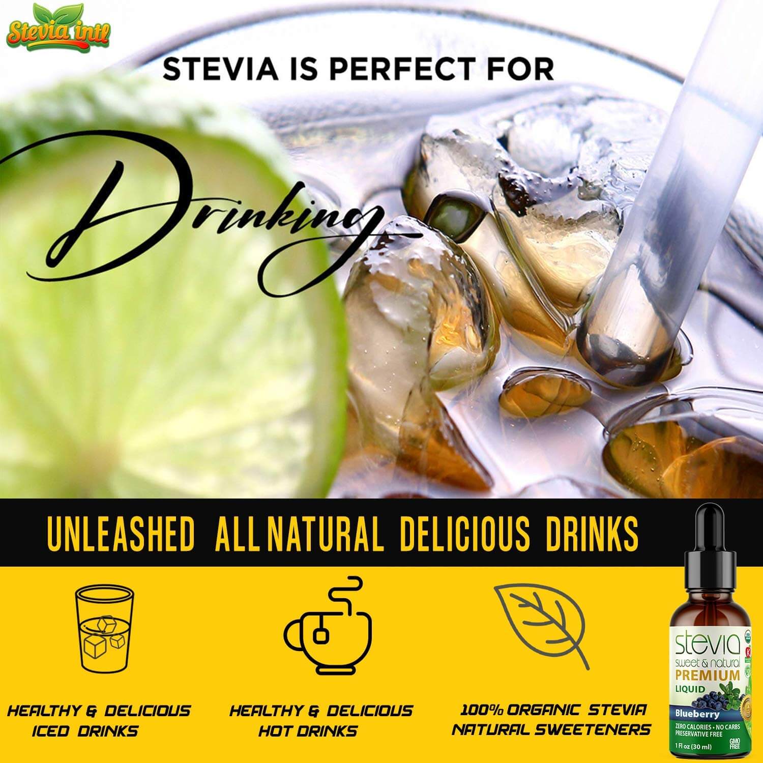 Blueberry Stevia Liquid Drops. Organic Stevia Sweetener. Naturally Sweet, Best Sugar Substitute, Zero Calorie,  Non-GMO, Diabetic & Keto Friendly