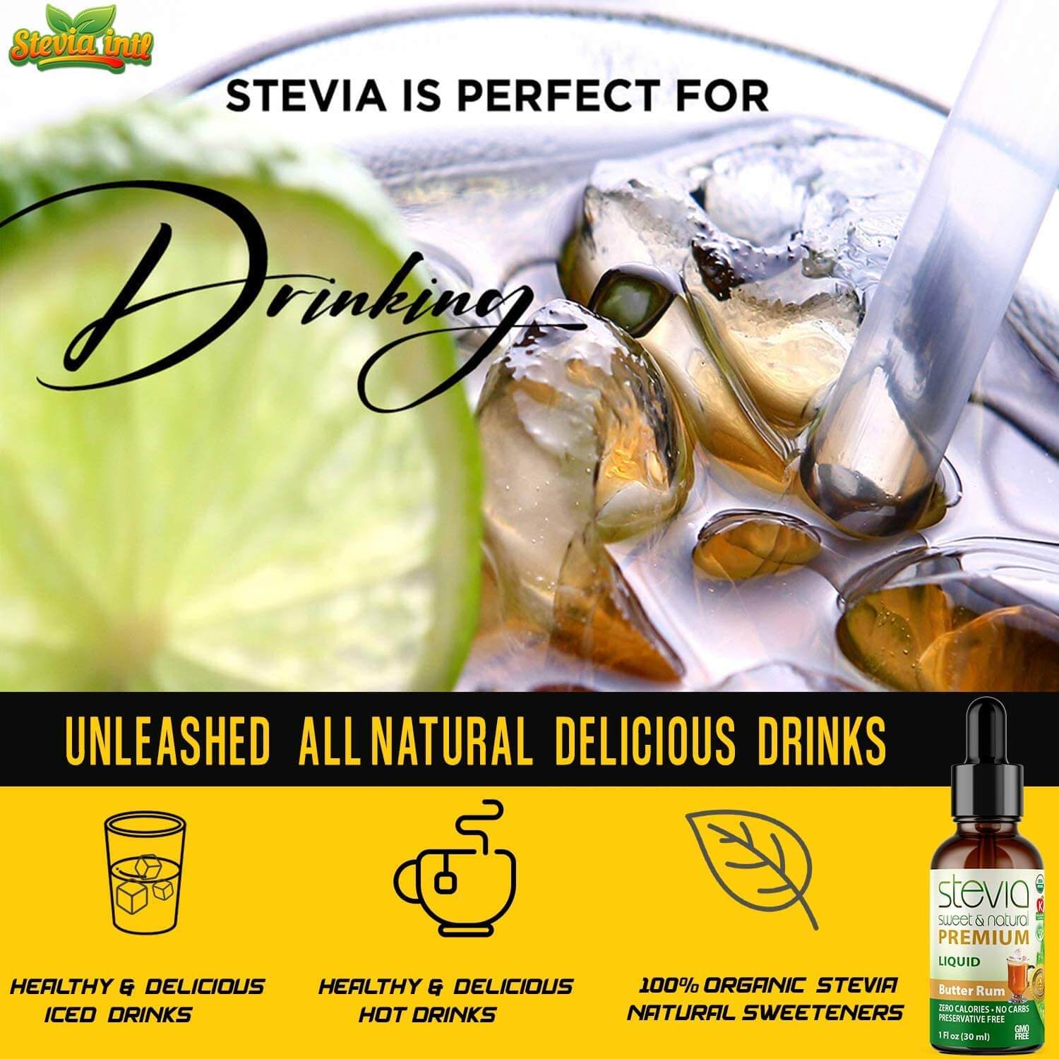 Butter Rum Stevia Liquid Drops. Organic Stevia Sweetener. Naturally Sweet, Best Sugar Substitute, Zero Calorie,  Non-GMO, Diabetic & Keto Friendly