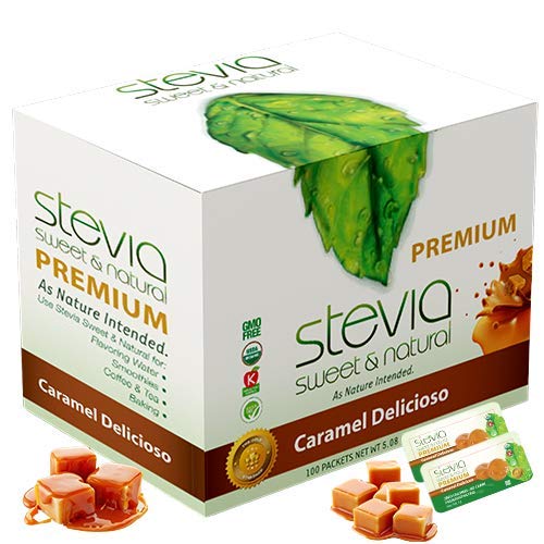 Caramel Delicioso Organic Caramel Stevia Packets Powder. All-Natural Stevia Sweetener, Best Sugar Substitute, Highly Concentrated & 100% Pure Extract Stevia. Zero Calories, 0 Carbs Diabetic & Keto Friendly