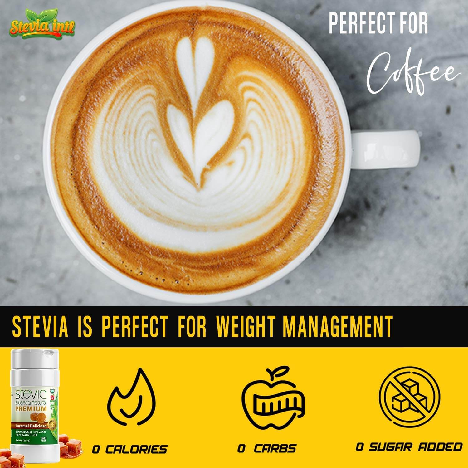 Caramel Delicioso Stevia Powder Shaker. Organic Stevia Sweetener. Pure & Naturally Sweet, Zero Calorie, 0 Carbs, Diabetic & Keto-Friendly (1.6oz) 45g