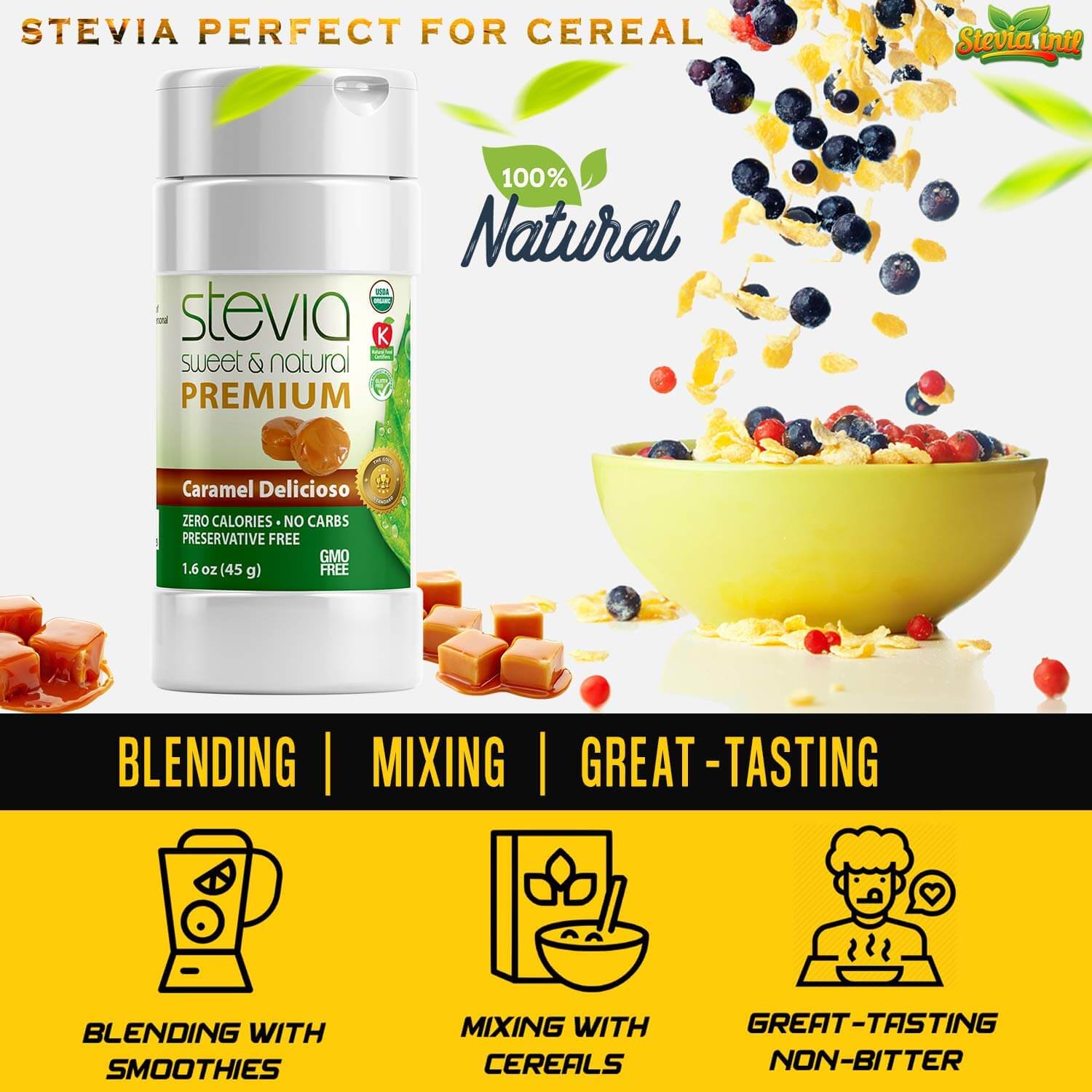 Caramel Delicioso Stevia Powder Shaker. Organic Stevia Sweetener. Pure & Naturally Sweet, Zero Calorie, 0 Carbs, Diabetic & Keto-Friendly (1.6oz) 45g