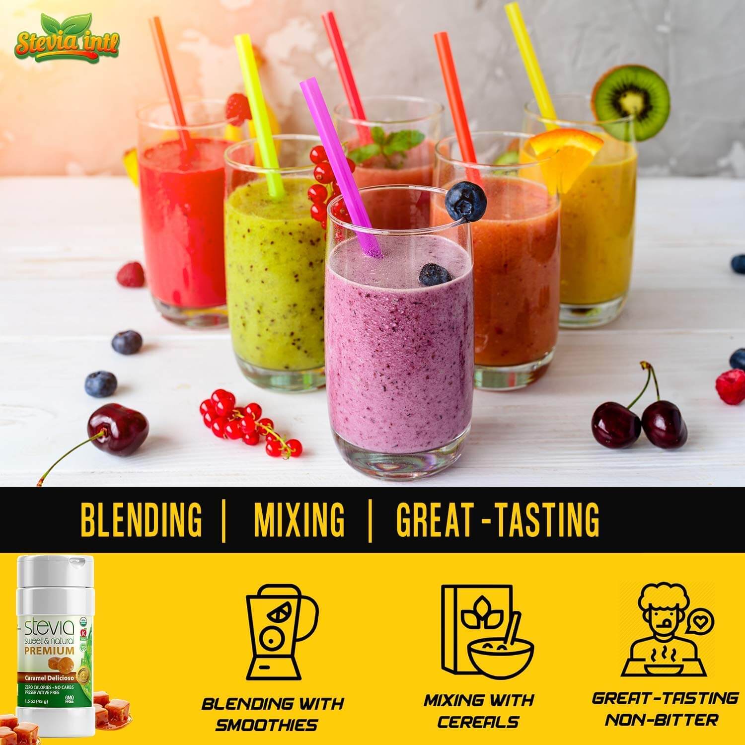 Caramel Delicioso Stevia Powder Shaker. Organic Stevia Sweetener. Pure & Naturally Sweet, Zero Calorie, 0 Carbs, Diabetic & Keto-Friendly (1.6oz) 45g