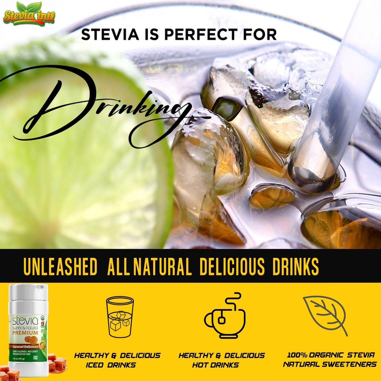 Caramel Delicioso Stevia Powder Shaker. Organic Stevia Sweetener. Pure & Naturally Sweet, Zero Calorie, 0 Carbs, Diabetic & Keto-Friendly (1.6oz) 45g