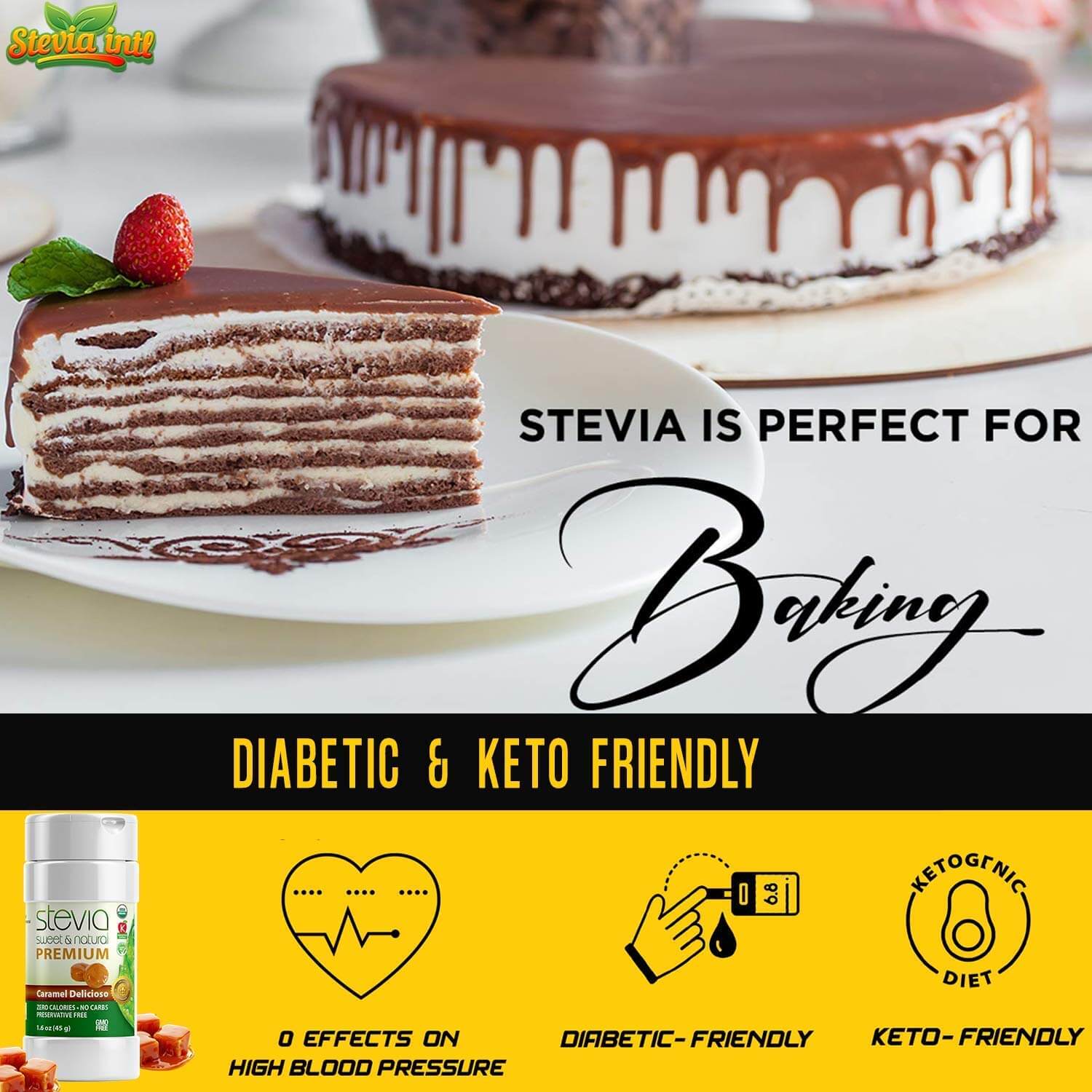 Caramel Delicioso Stevia Powder Shaker. Organic Stevia Sweetener. Pure & Naturally Sweet, Zero Calorie, 0 Carbs, Diabetic & Keto-Friendly (1.6oz) 45g