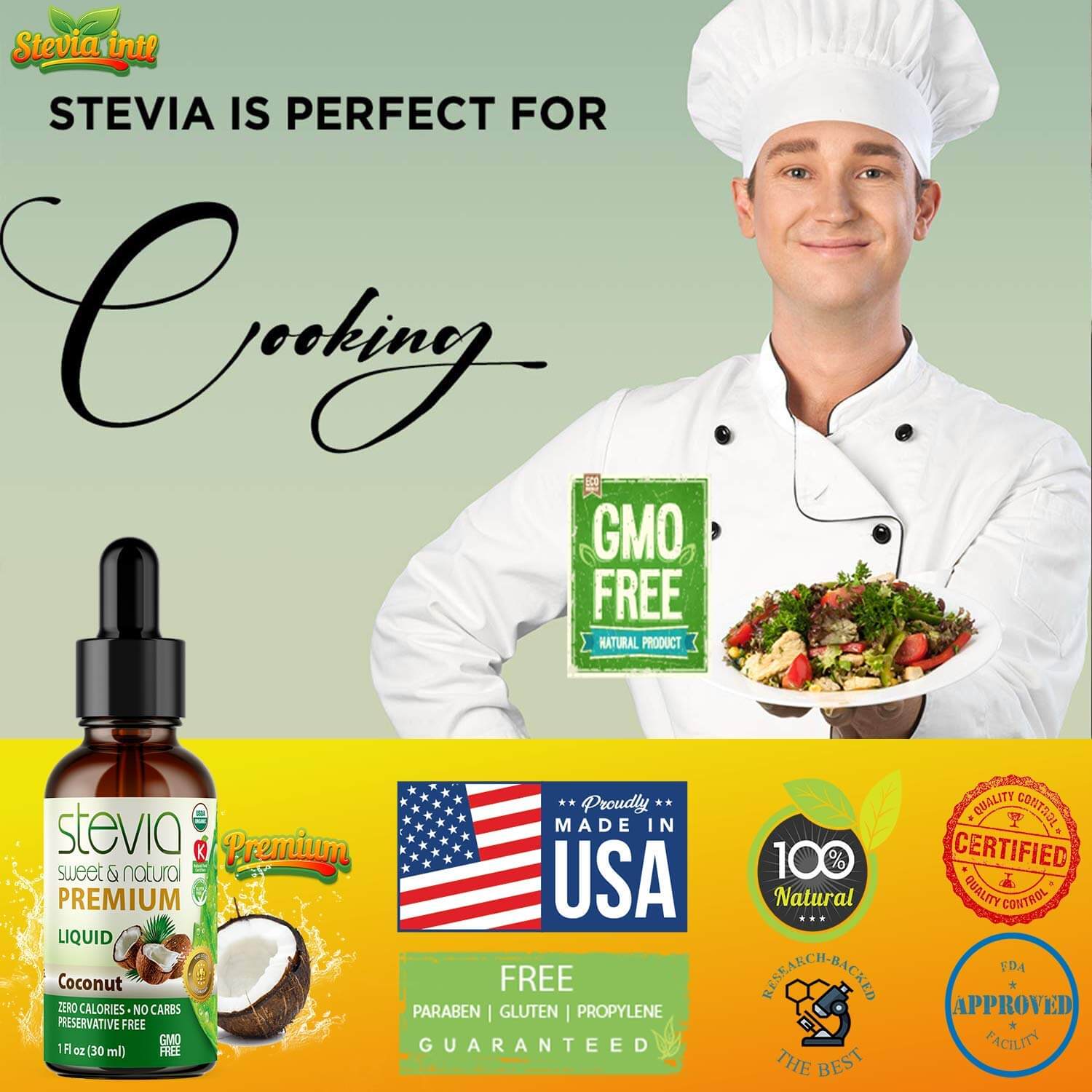 Coconut Stevia Liquid Drops. Organic Stevia Sweetener. Naturally Sweet, Best Sugar Substitute, Zero Calorie, Non-GMO, Diabetic & Keto Friendly