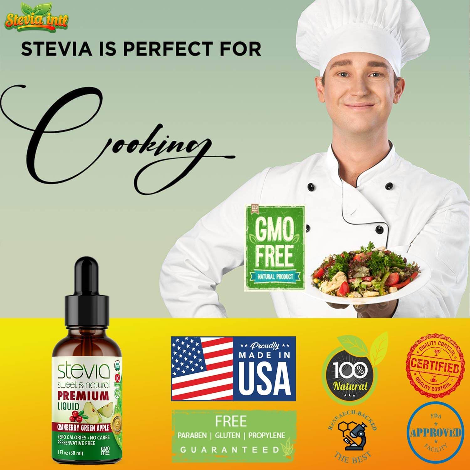 Cranberry Green Apple Stevia Liquid Drops. Organic Stevia Sweetener, Natural Sweet, Sugar Substitute, Zero Calorie, Non-GMO, Diabetic & Keto Friendly.