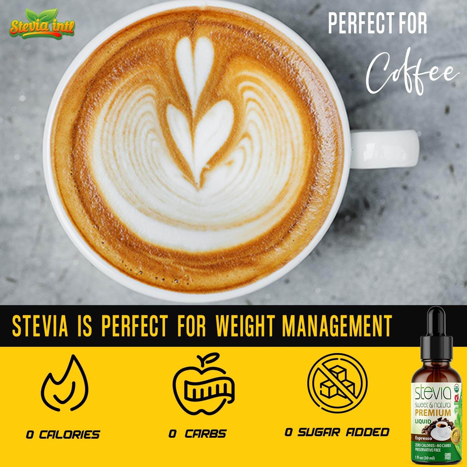 Espresso Stevia Liquid Drops. Organic Stevia Sweetener. Naturally Sweet, Best Sugar Substitute, Zero Calorie, Non-GMO, Diabetic & Keto Friendly
