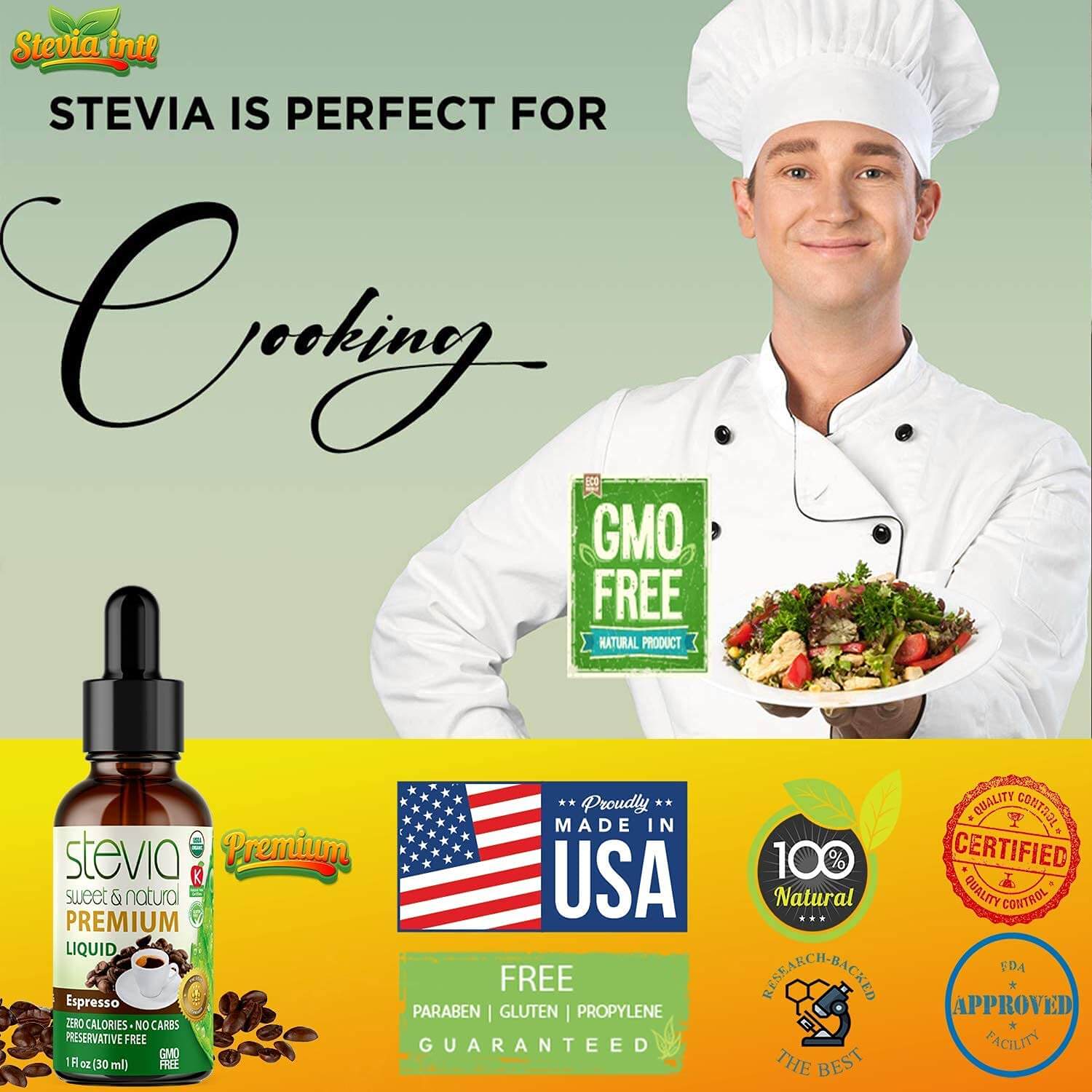 Espresso Stevia Liquid Drops. Organic Stevia Sweetener. Naturally Sweet, Best Sugar Substitute, Zero Calorie, Non-GMO, Diabetic & Keto Friendly