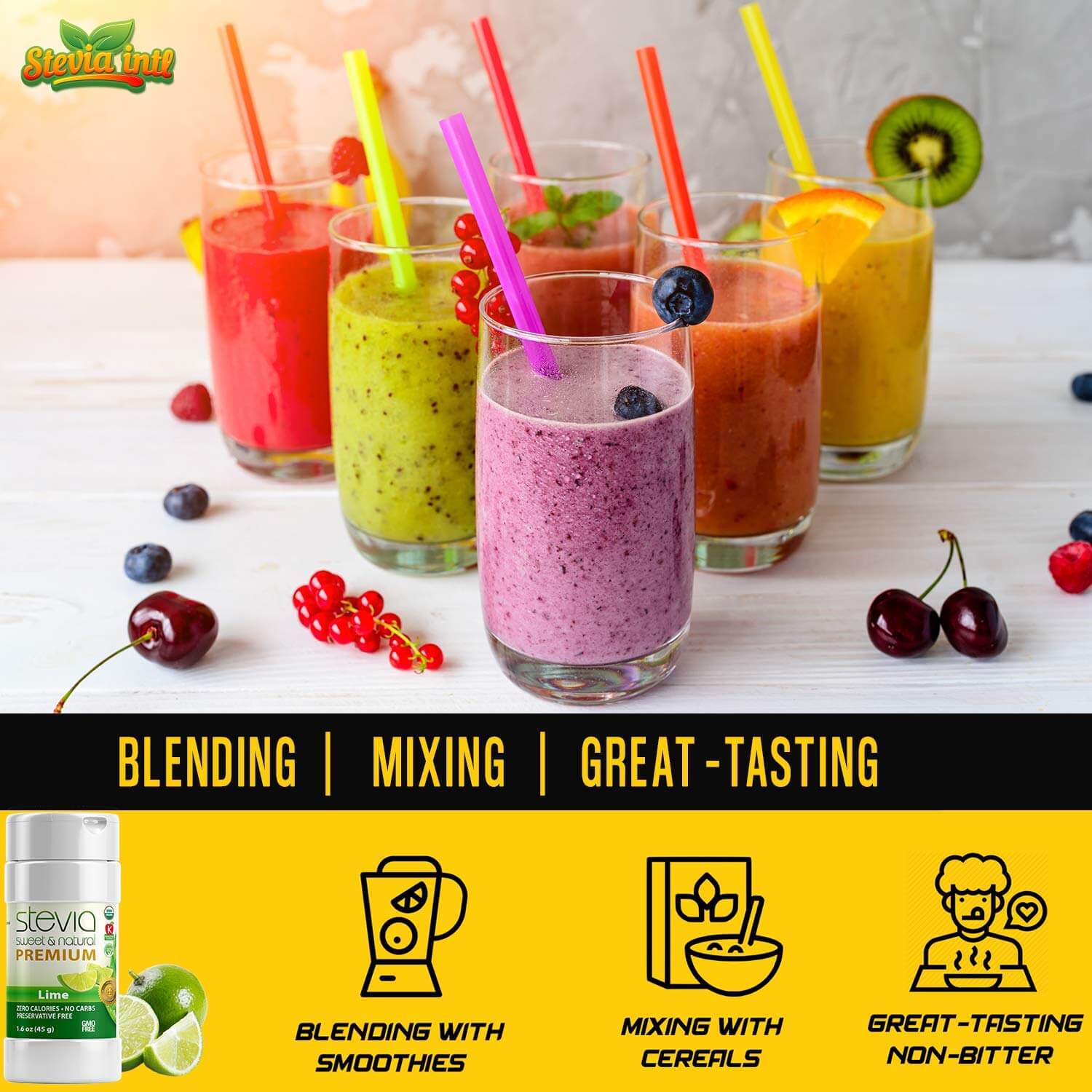 Lime Stevia Powder Shaker. Organic Stevia Sweetener. Naturally Sweet, 100% Pure Stevia, Zero Calorie, 0 Carbs, Diabetic & Keto-Friendly (1.6oz) 45g