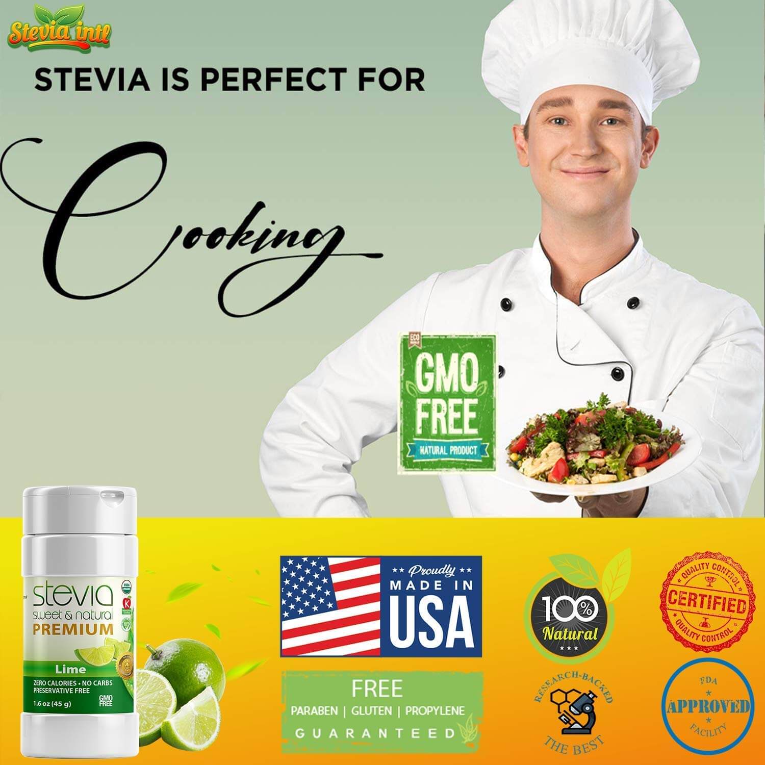 Lime Stevia Powder Shaker. Organic Stevia Sweetener. Naturally Sweet, 100% Pure Stevia, Zero Calorie, 0 Carbs, Diabetic & Keto-Friendly (1.6oz) 45g