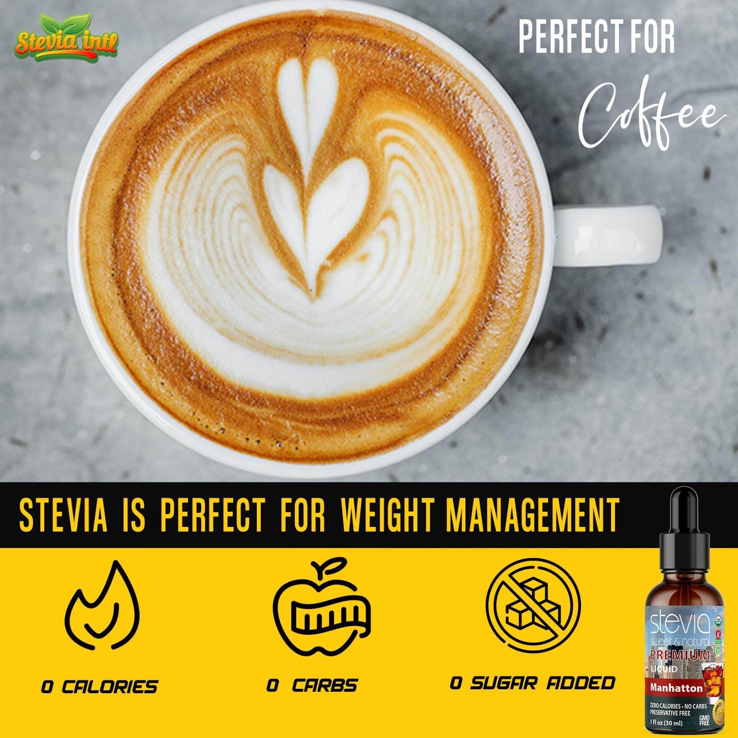 Manhattan Stevia Liquid Drops. Organic Stevia Sweetener. Naturally Sweet, Best Sugar Substitute, Zero Calorie, Non-GMO, Diabetic & Keto Friendly