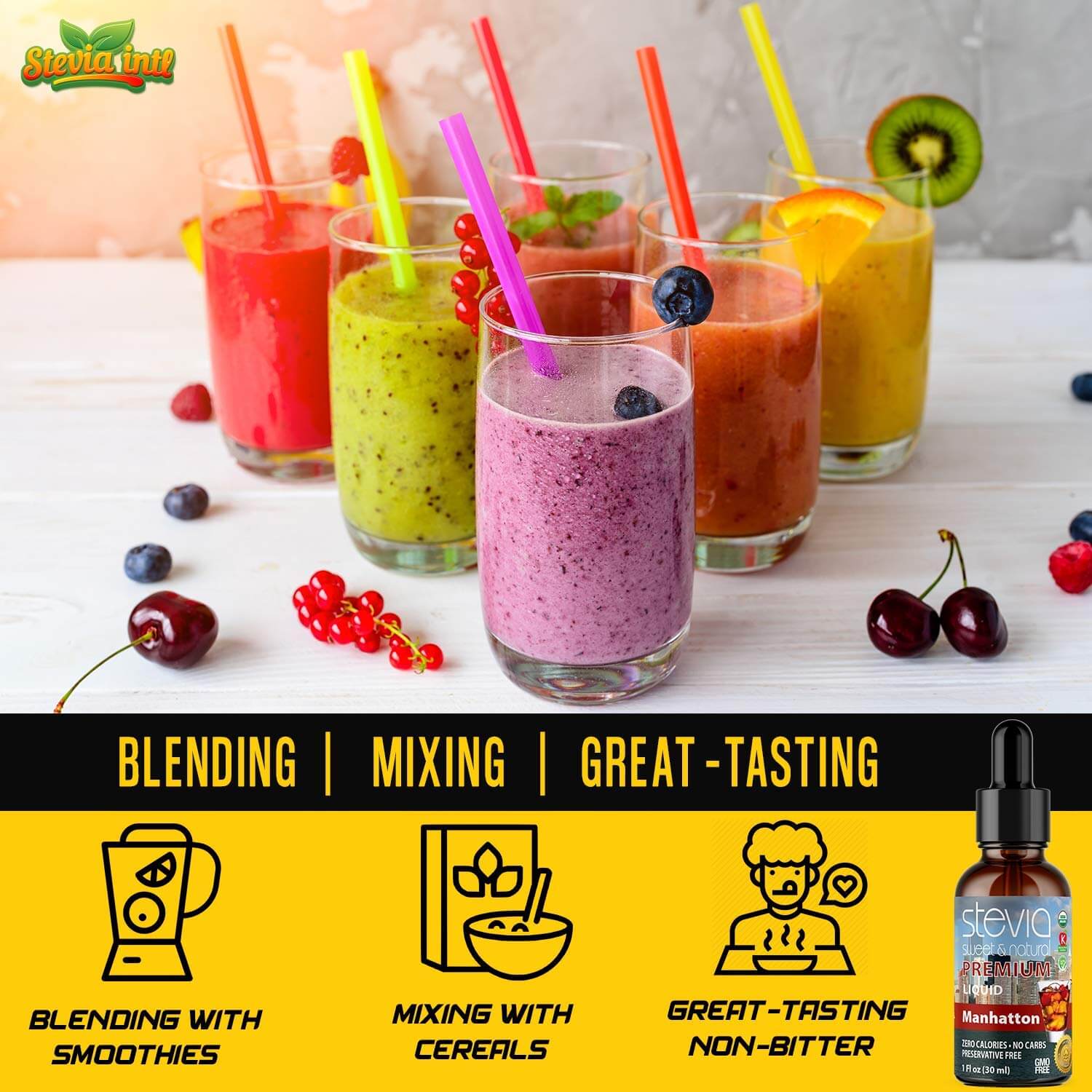 Manhattan Stevia Liquid Drops. Organic Stevia Sweetener. Naturally Sweet, Best Sugar Substitute, Zero Calorie, Non-GMO, Diabetic & Keto Friendly