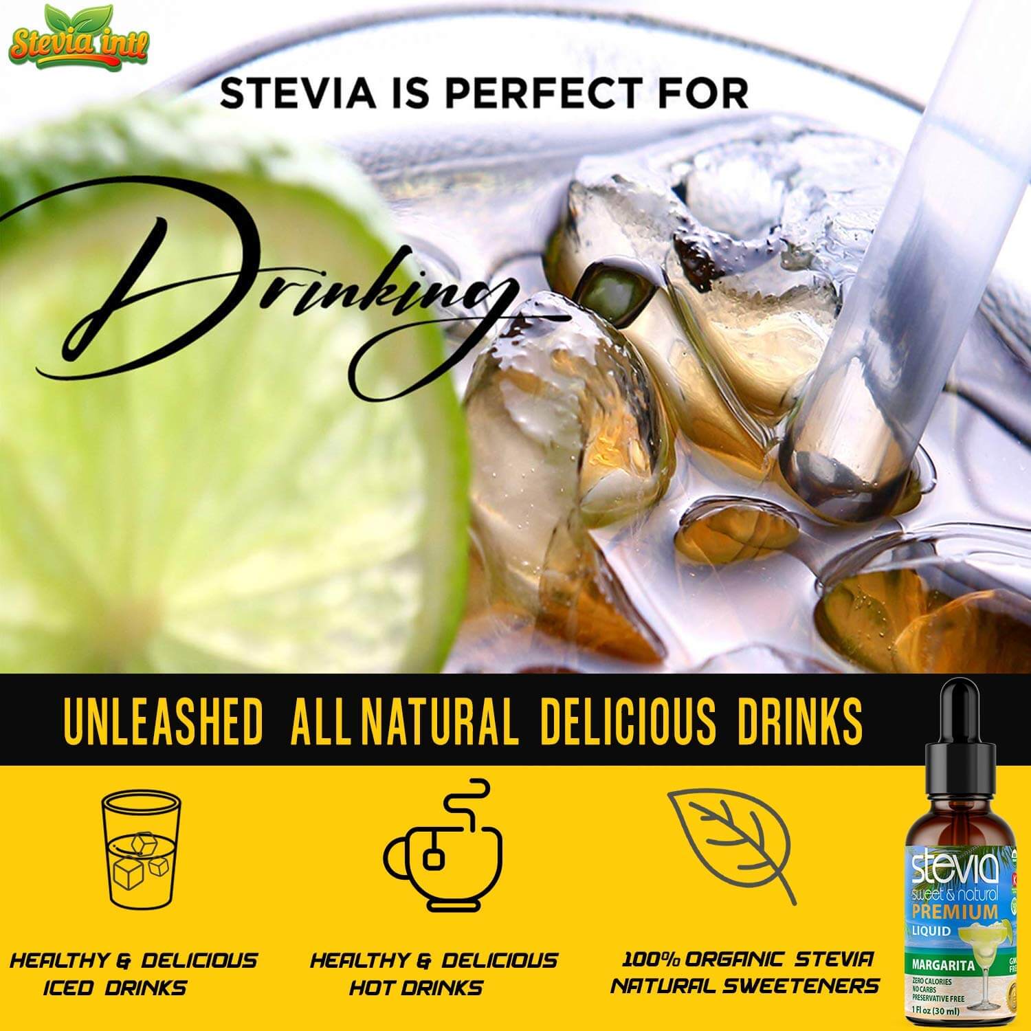 Margarita Stevia Liquid Drops. Organic Stevia Sweetener. Naturally Sweet, Best Sugar Substitute, Zero Calorie, Non-GMO, Diabetic & Keto Friendly
