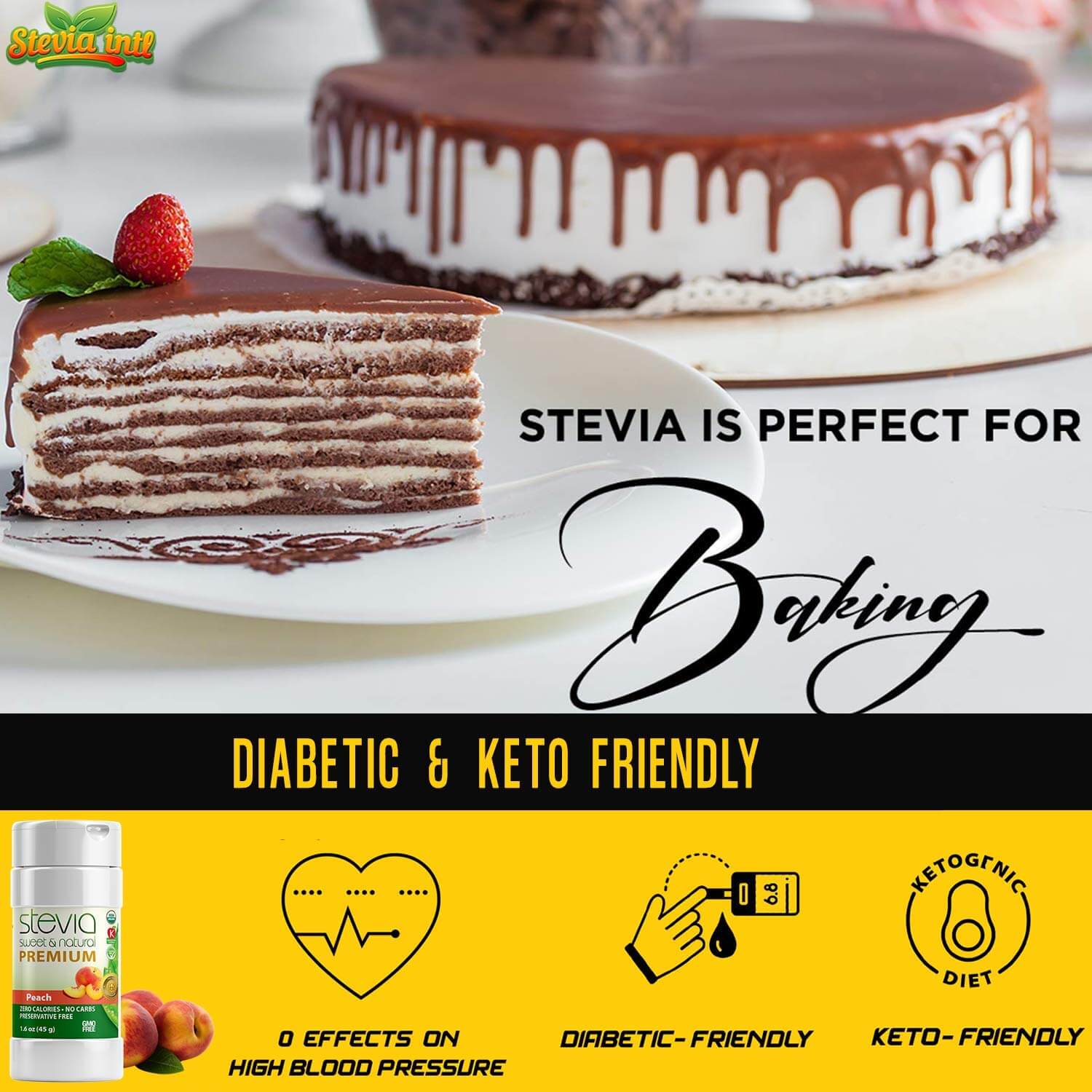 Peach Stevia Powder Shaker. Organic Stevia Sweetener. Naturally Sweet, 100% Pure Stevia, Zero Calorie, 0 Carbs, Diabetic & Keto-Friendly (1.6oz) 45g