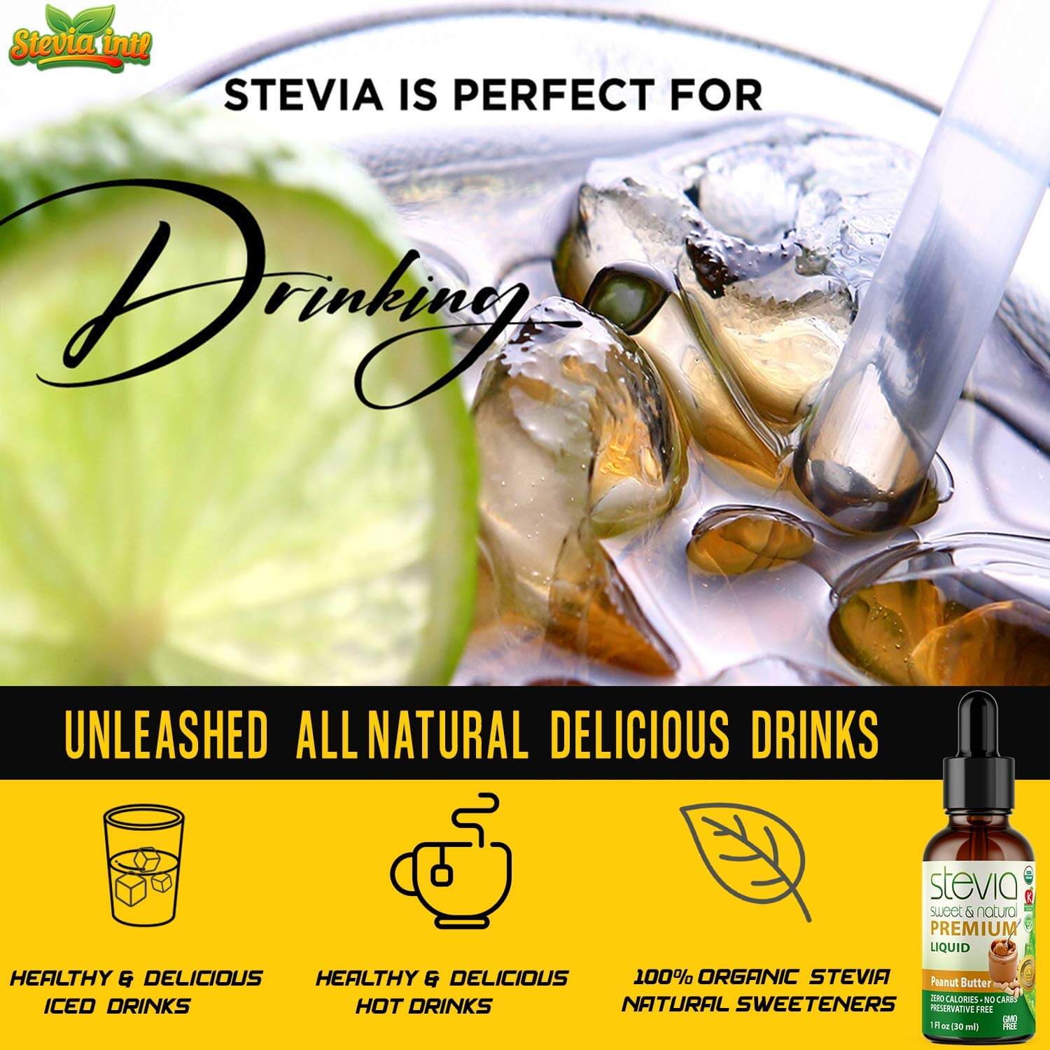 Peanut Butter Stevia Liquid Drops. Organic Stevia Sweetener. Naturally Sweet, Best Sugar Substitute, Zero Calorie, Non-GMO, Diabetic & Keto Friendly