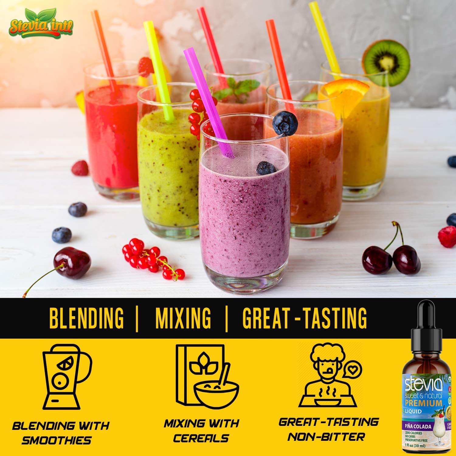 Piña Colada Stevia Liquid Drops. Organic Stevia Sweetener. Naturally Sweet, Best Sugar Substitute, Zero Calorie, Non-GMO, Diabetic & Keto Friendly