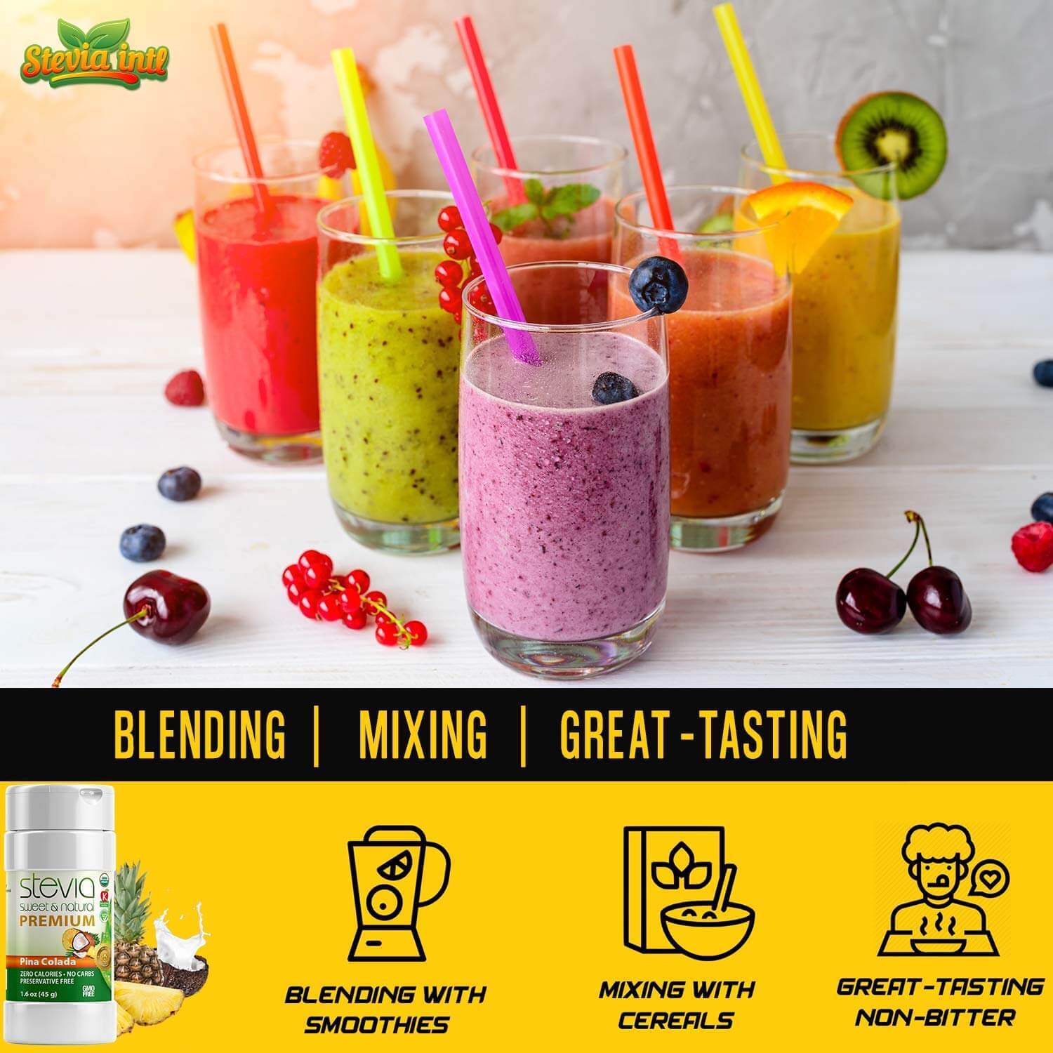 Piña Colada Stevia Powder Shaker. 100% Organic Stevia Sweetener. Pure & Naturally Sweet, Zero Calorie, 0 Carbs, Diabetic & Keto-Friendly (1.6oz) 45g