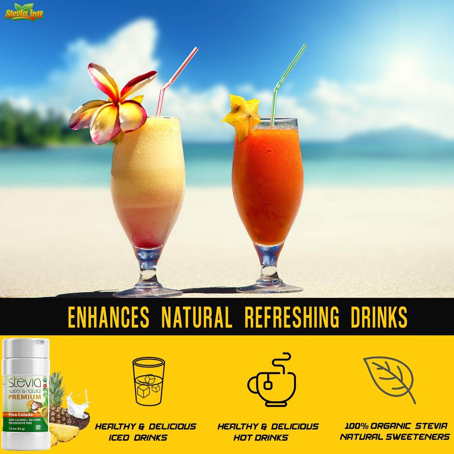Piña Colada Stevia Powder Shaker. 100% Organic Stevia Sweetener. Pure & Naturally Sweet, Zero Calorie, 0 Carbs, Diabetic & Keto-Friendly (1.6oz) 45g