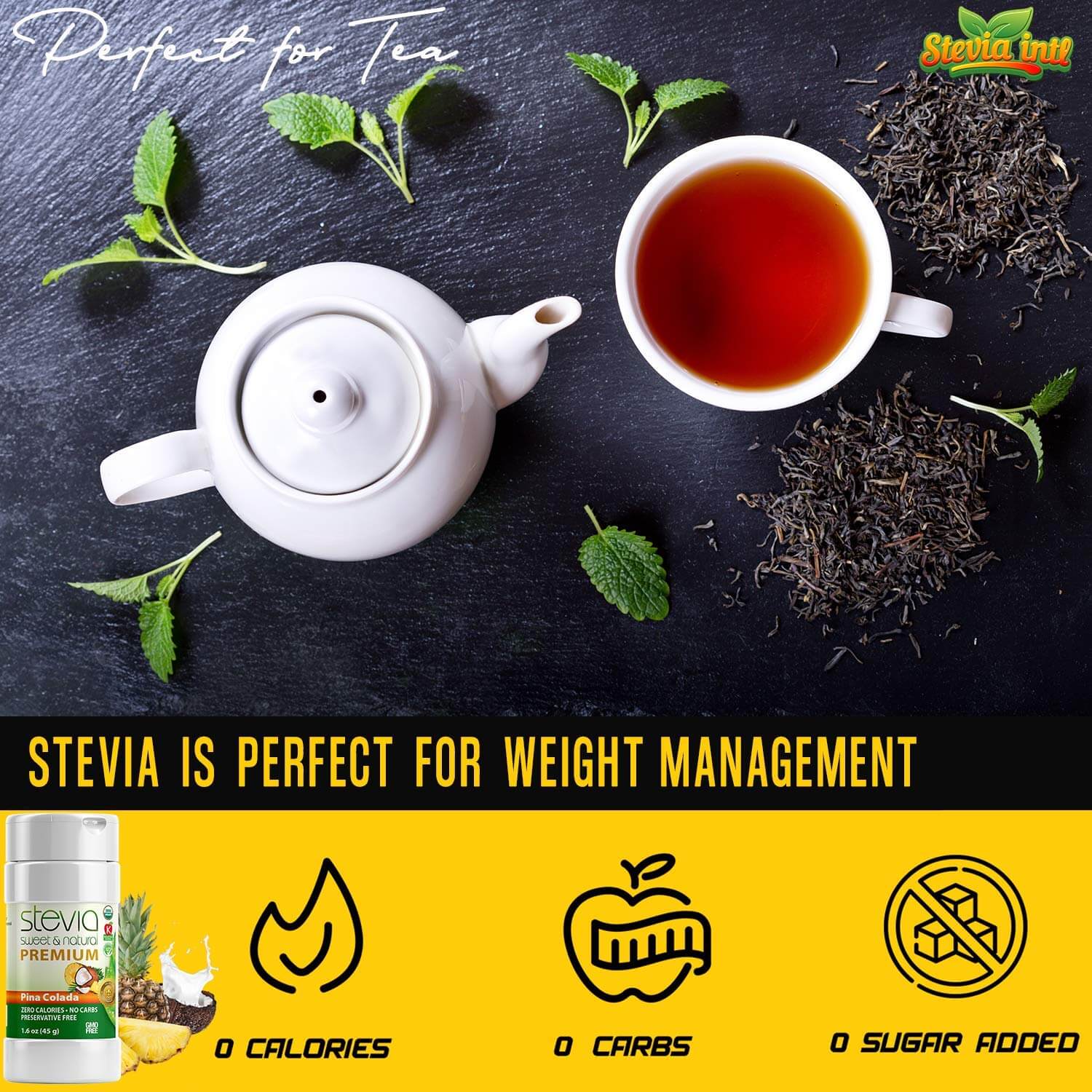 Piña Colada Stevia Powder Shaker. 100% Organic Stevia Sweetener. Pure & Naturally Sweet, Zero Calorie, 0 Carbs, Diabetic & Keto-Friendly (1.6oz) 45g