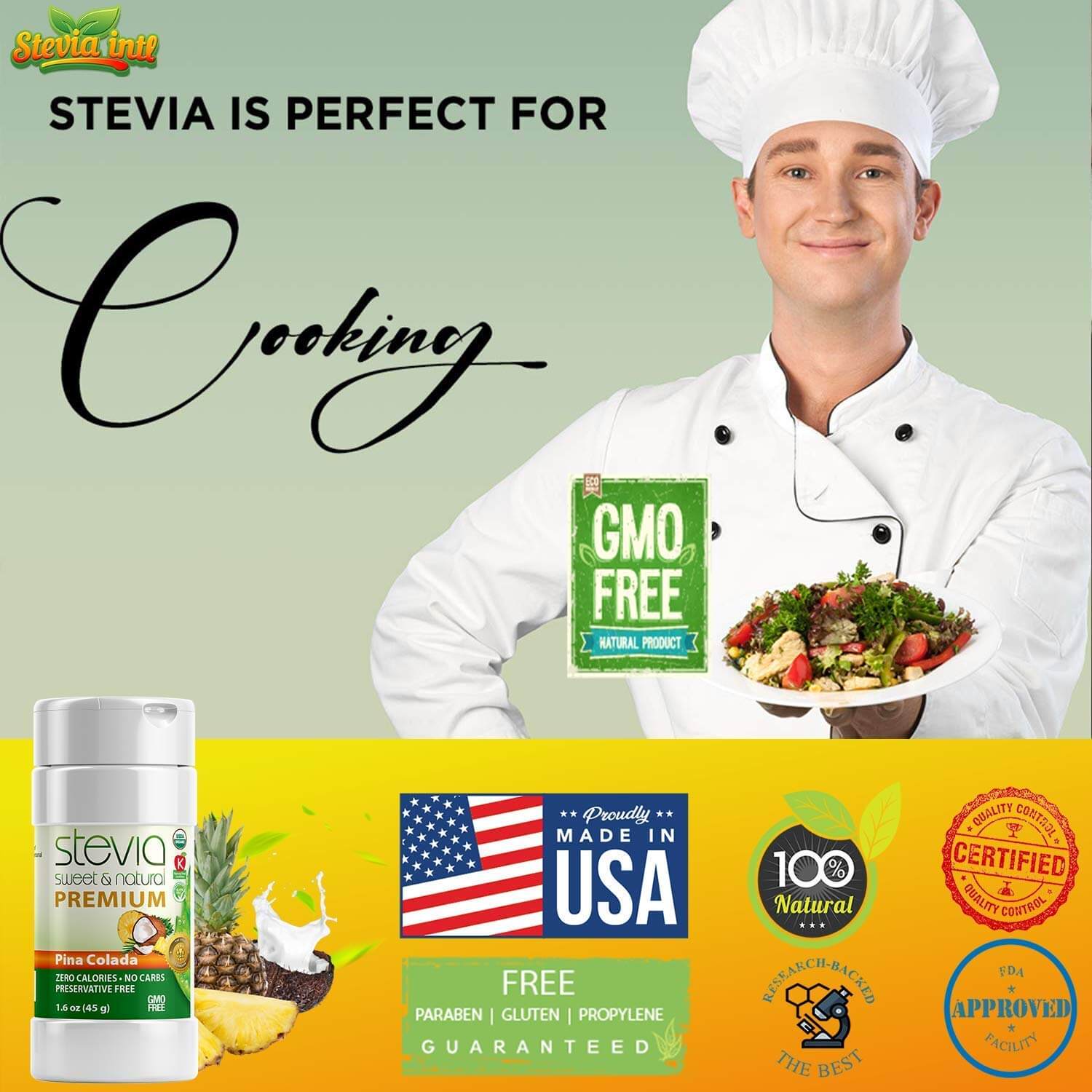 Piña Colada Stevia Powder Shaker. 100% Organic Stevia Sweetener. Pure & Naturally Sweet, Zero Calorie, 0 Carbs, Diabetic & Keto-Friendly (1.6oz) 45g