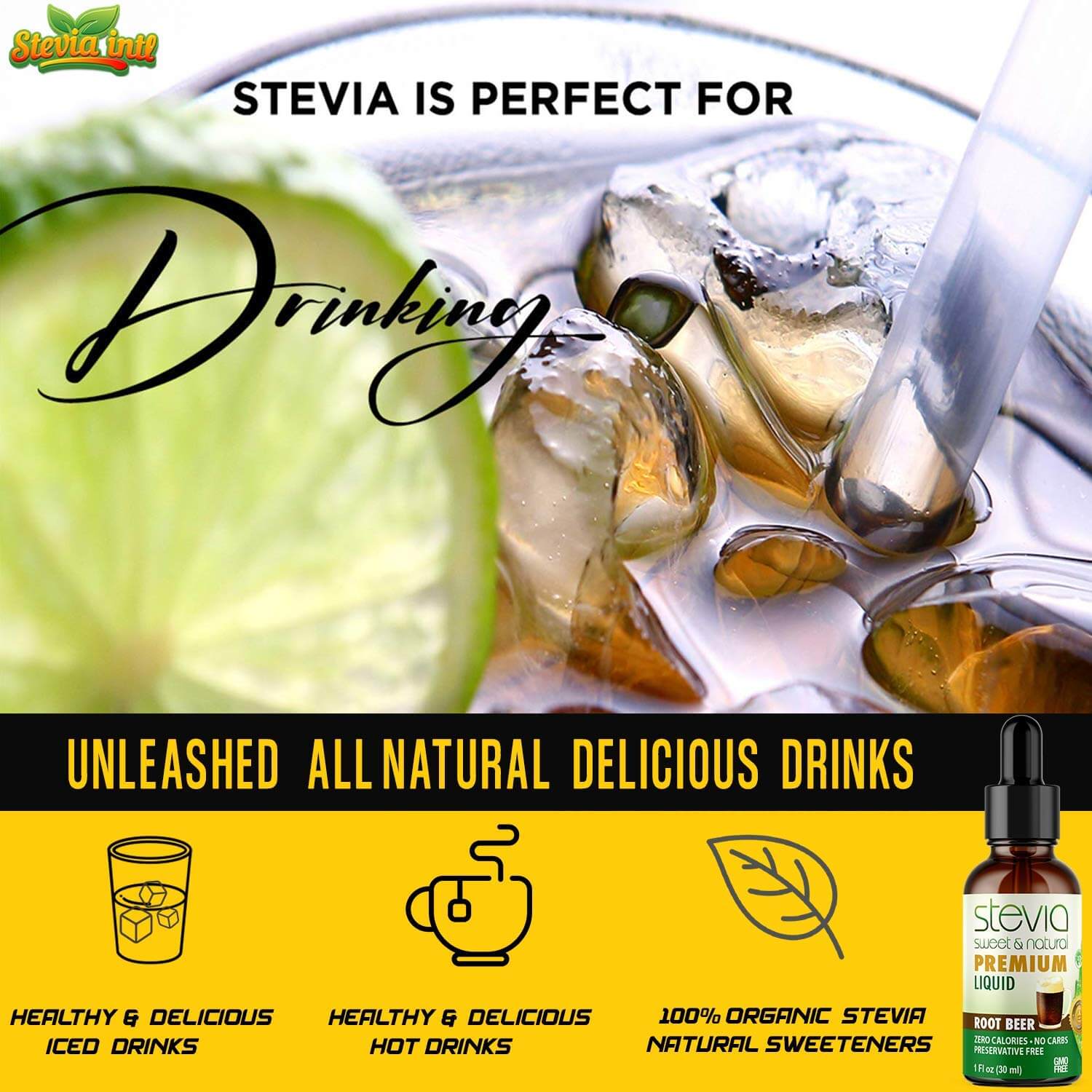 Root Beer Stevia Liquid Drops. Organic Stevia Sweetener. Naturally Sweet, Best Sugar Substitute, Zero Calorie, Non-GMO, Diabetic & Keto Friendly.
