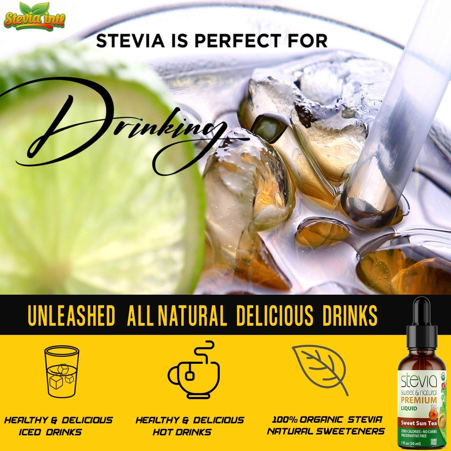 Sweet Sun Tea Stevia Liquid Drops. Organic Stevia Sweetener. Naturally Sweet, Best Sugar Substitute, Zero Calorie, Non-GMO, Diabetic & Keto Friendly.