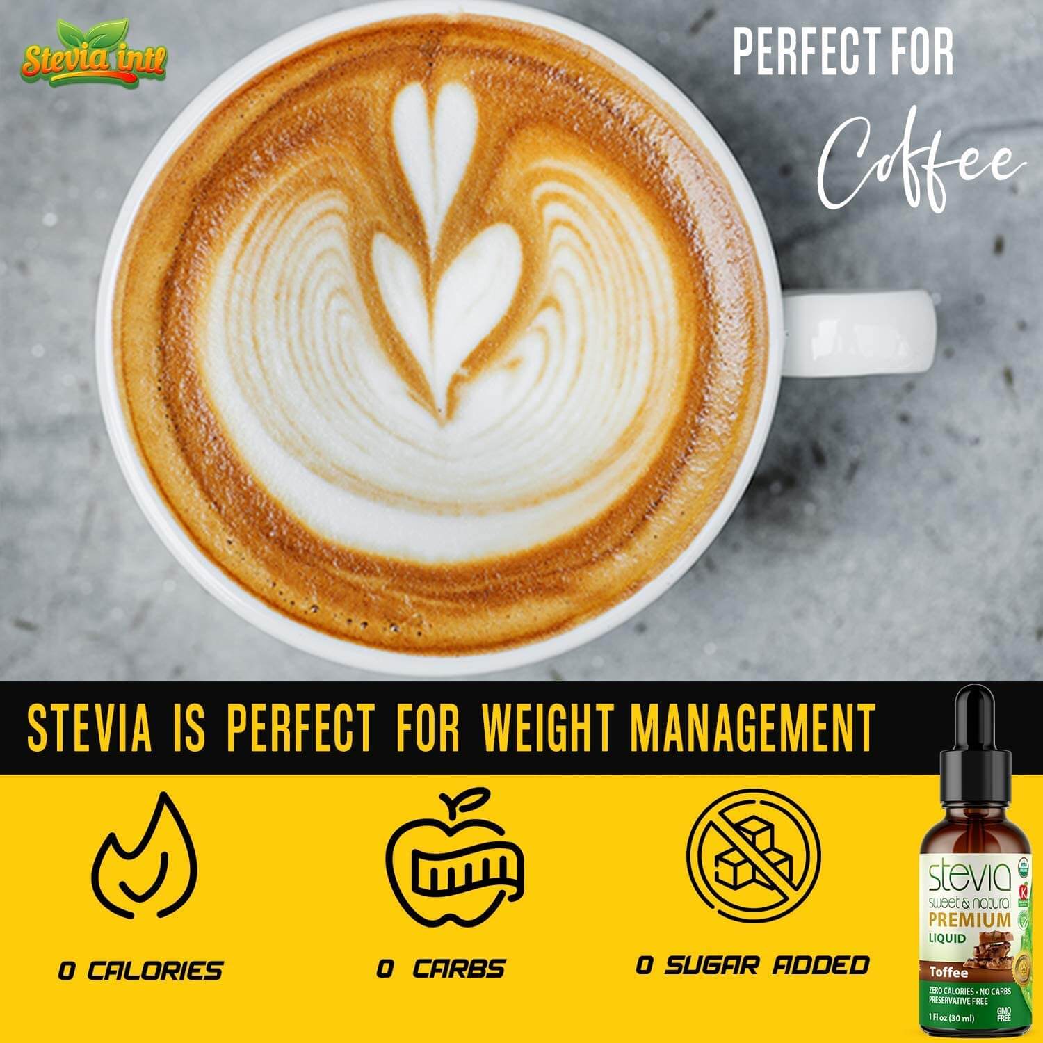 Toffee Stevia Liquid Drops. Organic Stevia Sweetener. Naturally Sweet, Best Sugar Substitute, Zero Calorie, Non-GMO, Diabetic & Keto Friendly